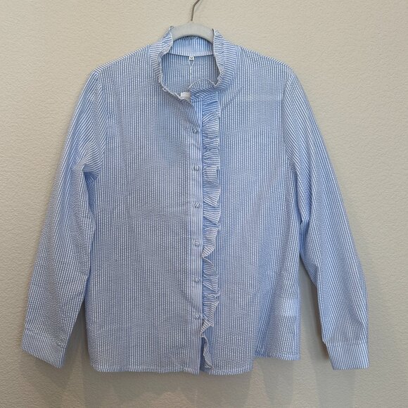 EI Town Tops - EI Town Blue and White Stripe Seersucker Blouse